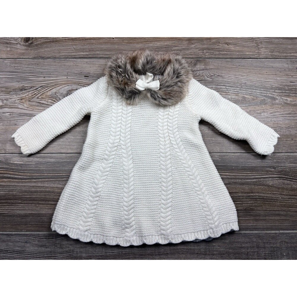 Tahari 3-6 M White Knit Sweater Dress Faux‎ Fur Collar Nordic Soft & Cozy Winter